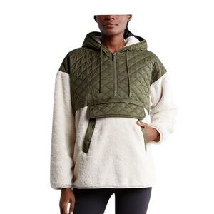 NWT Zella 1/2 zip cream faux shearling cream hoodie w/ quilted top pannel mediim